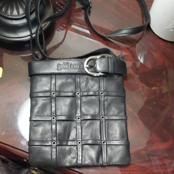 Gold Coral Black Leather Crossbody Bag - Picture 1 of 5